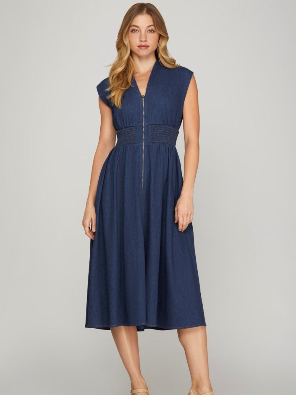 Zip Front Denim Midi Dress
